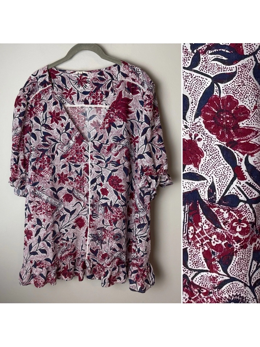Lucky Brand Blouse Size 3X Plus Burgundy Navy Floral Boho Ruffle Hem Tunic Top